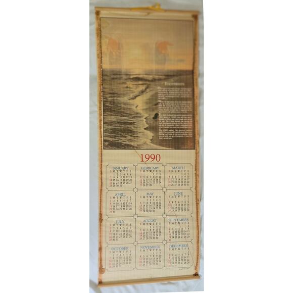 Giftco Bamboo Scroll Calendar Two-Sided 1990 1991 Wall Hang Footprints Deer Duck - Picture 2 of 16